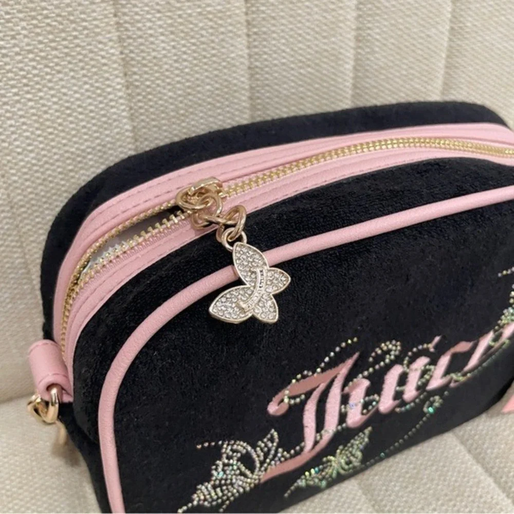 NEW Juicy Couture Black‎ Terry Butterfly Rhinestone Camera Bag Crossbody Pink